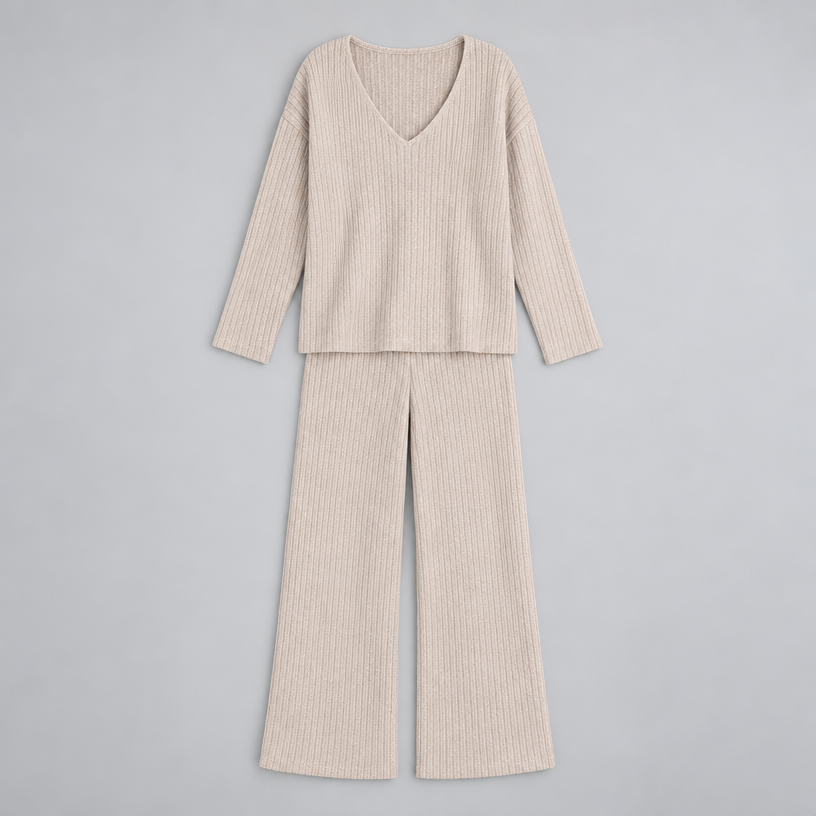 Damen Rippstrick-Zweiteiler mit V-Ausschnitt und Wide-Leg-Hose — Beige