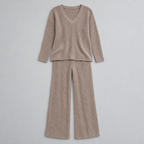 Damen Rippstrick-Zweiteiler mit V-Ausschnitt und Wide-Leg-Hose — Braun