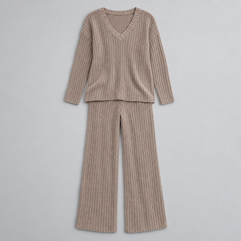 Damen Rippstrick-Zweiteiler mit V-Ausschnitt und Wide-Leg-Hose — Braun