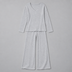 Damen Rippstrick-Zweiteiler mit V-Ausschnitt und Wide-Leg-Hose — Grau