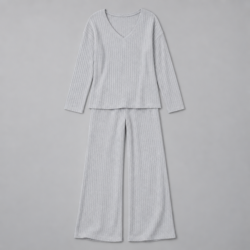 Damen Rippstrick-Zweiteiler mit V-Ausschnitt und Wide-Leg-Hose — Grau
