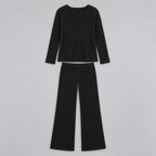 Damen Rippstrick-Zweiteiler mit V-Ausschnitt und Wide-Leg-Hose — Schwarz