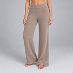 Damen Rippstrick-Zweiteiler mit V-Ausschnitt und Wide-Leg-Hose — Braun