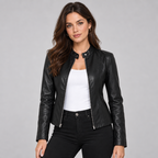 Damen Kunstleder-Bikerjacke mit Stehkragen – Slim Fit — Schwarz