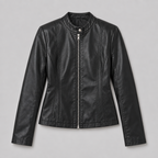 Damen Kunstleder-Bikerjacke mit Stehkragen – Slim Fit — Schwarz