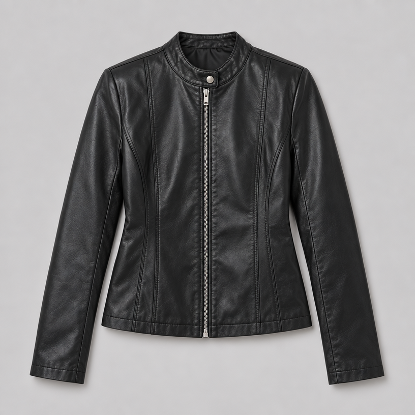 Damen Kunstleder-Bikerjacke mit Stehkragen – Slim Fit — Schwarz