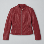 Damen Kunstleder-Bikerjacke mit Stehkragen – Slim Fit — Burgunder