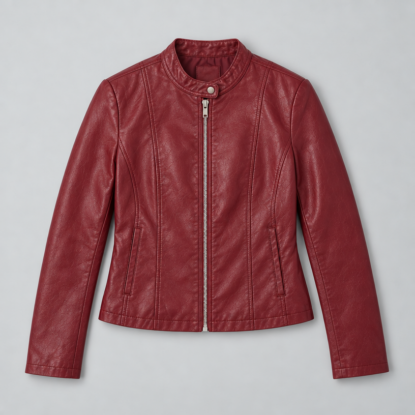 Damen Kunstleder-Bikerjacke mit Stehkragen – Slim Fit — Burgunder