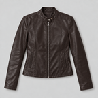Damen Kunstleder-Bikerjacke mit Stehkragen – Slim Fit — Kaffee