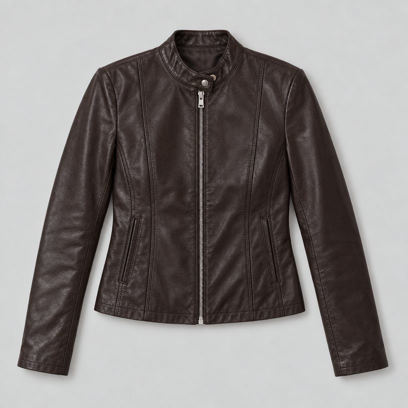 Damen Kunstleder-Bikerjacke mit Stehkragen – Slim Fit — Kaffee