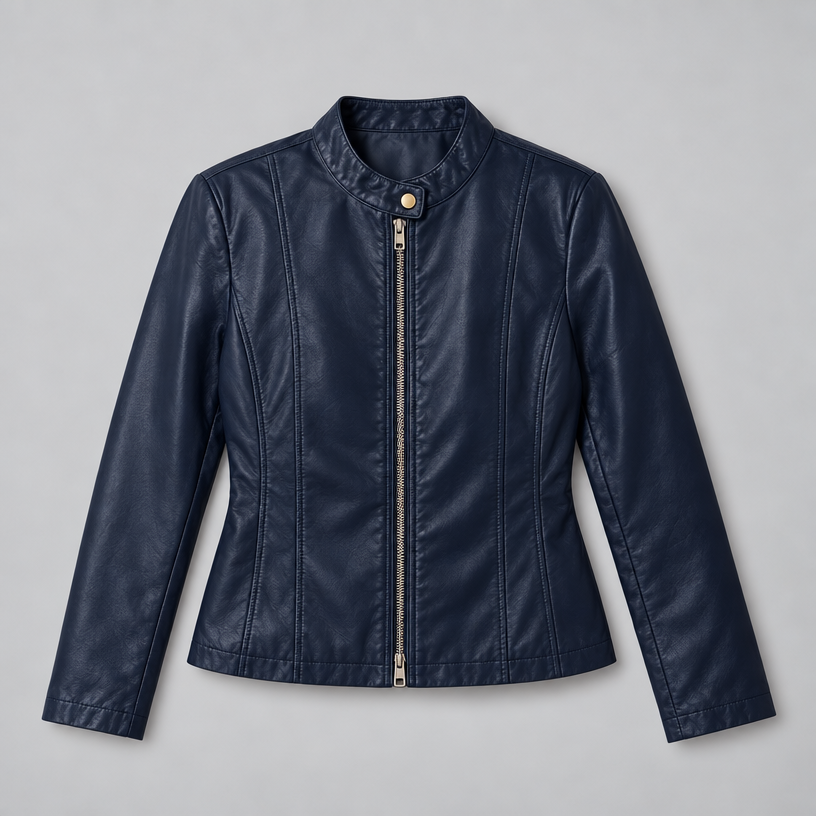 Damen Kunstleder-Bikerjacke mit Stehkragen – Slim Fit — Blau