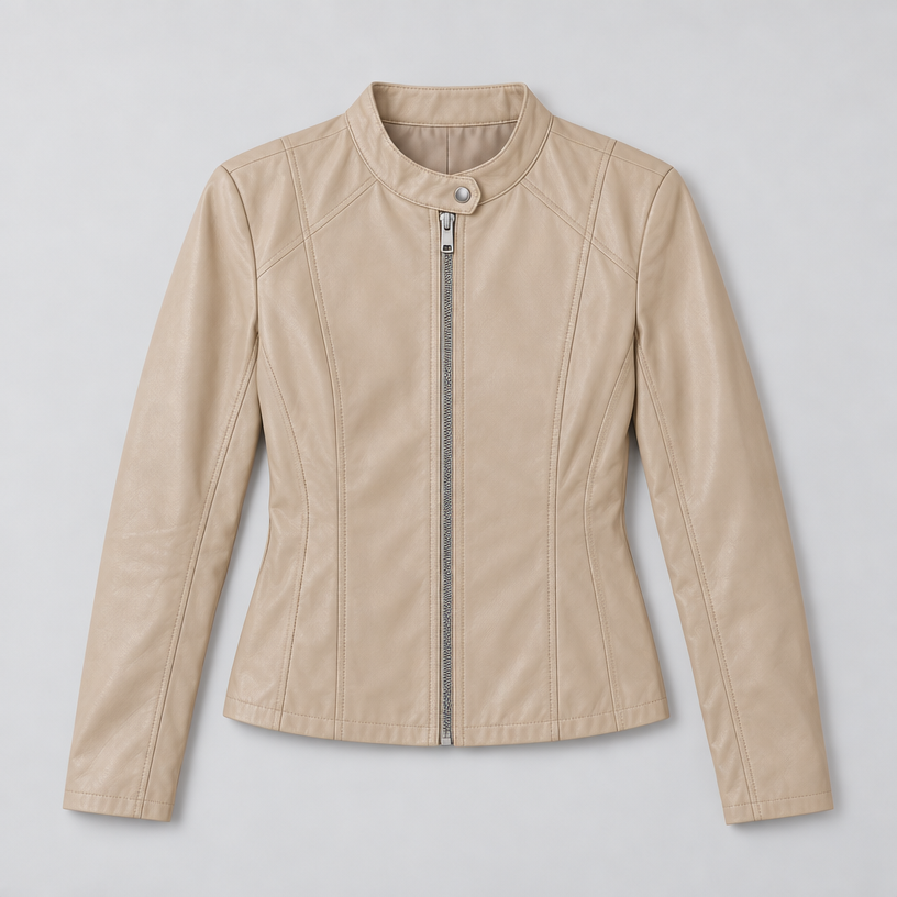 Damen Kunstleder-Bikerjacke mit Stehkragen – Slim Fit — Aprikose