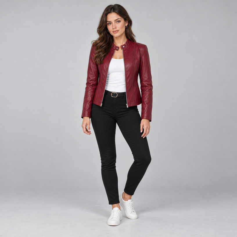 Damen Kunstleder-Bikerjacke mit Stehkragen – Slim Fit — Burgunder