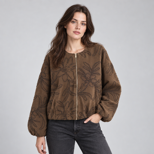 Damen Cropped-Bomberjacke mit floralem Muster – Regular Fit — Braun
