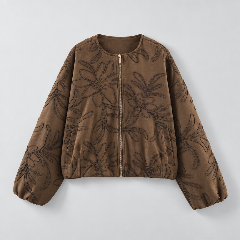 Damen Cropped-Bomberjacke mit floralem Muster – Regular Fit — Braun
