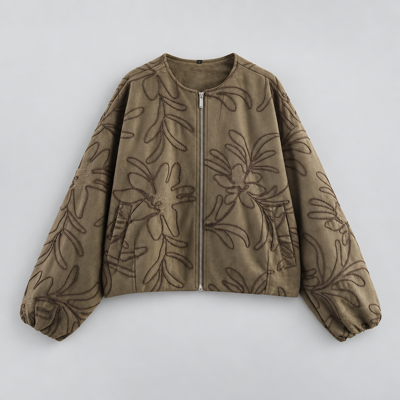 Damen Cropped-Bomberjacke mit floralem Muster – Regular Fit — Grün