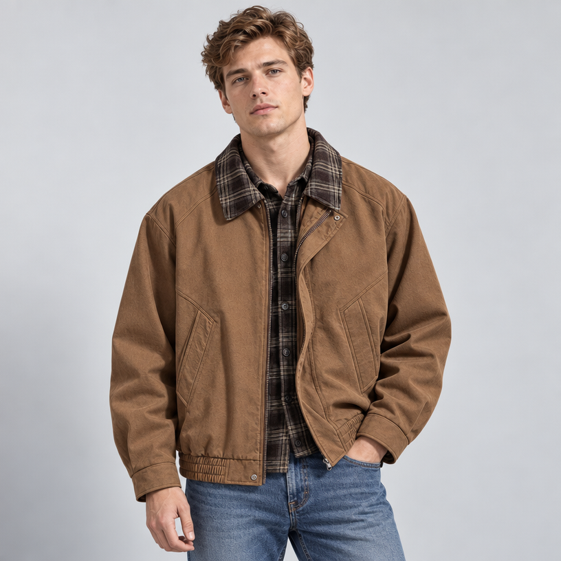 Herren Vintage-Harringtonjacke mit Karofutter – Relaxed Fit — Braun