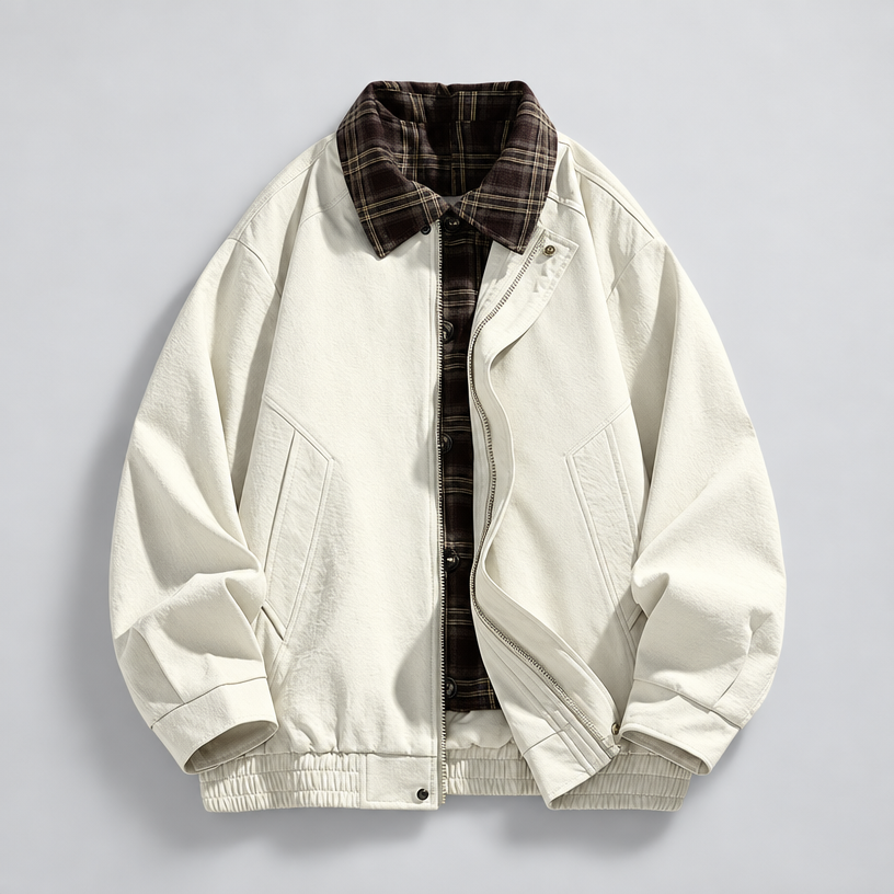 Herren Vintage-Harringtonjacke mit Karofutter – Relaxed Fit — Creme