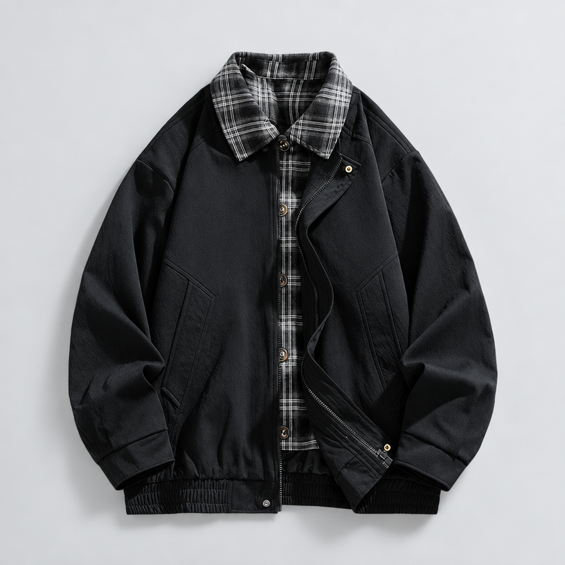 Herren Vintage-Harringtonjacke mit Karofutter – Relaxed Fit — Schwarz