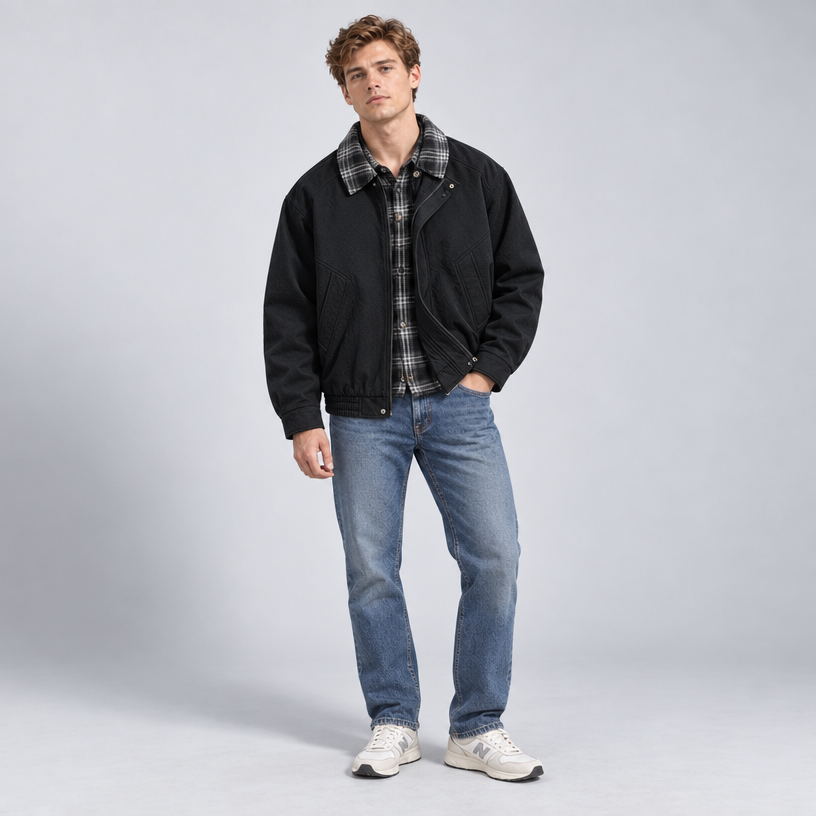 Herren Vintage-Harringtonjacke mit Karofutter – Relaxed Fit — Schwarz
