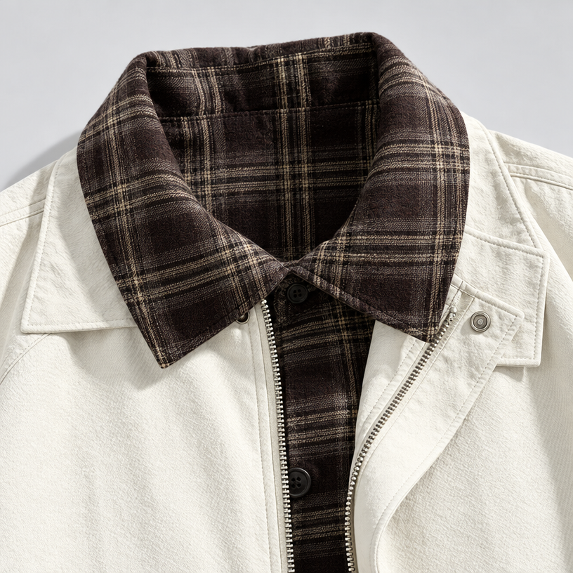 Herren Vintage-Harringtonjacke mit Karofutter – Relaxed Fit — Creme