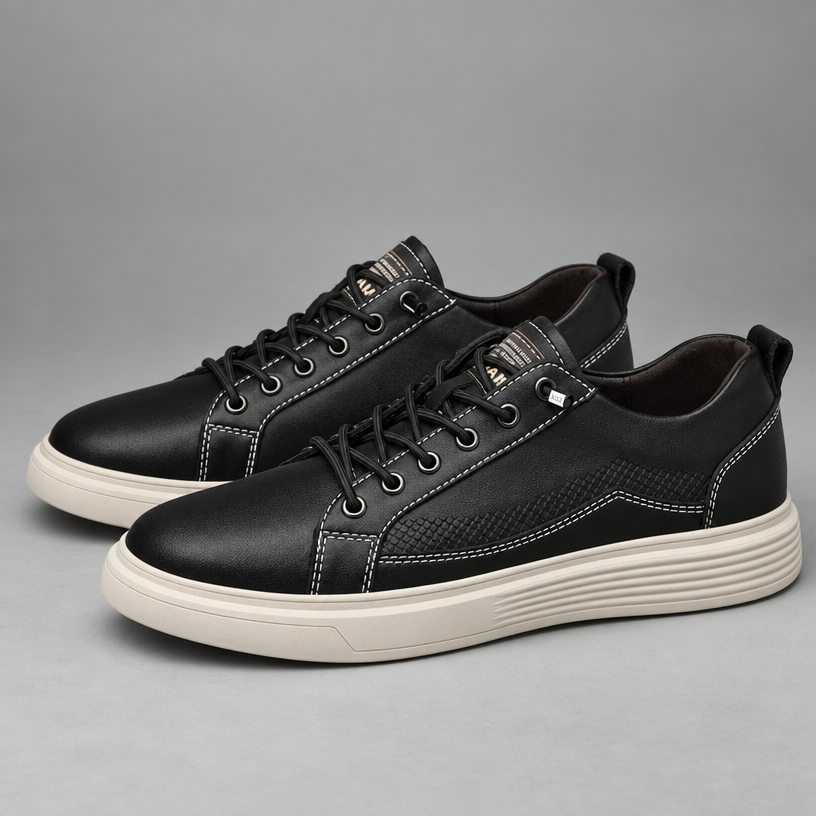 Herren Leder-Sneaker mit Komfortsohle und Schnürung — Schwarz