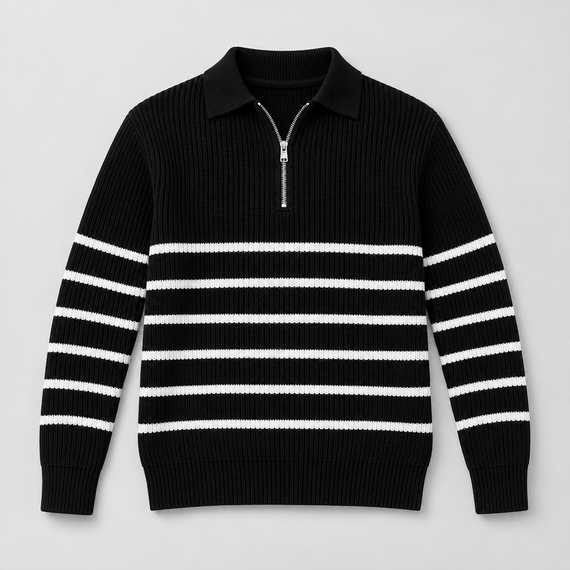 Herren Gestreifter Quarter-Zip-Pullover aus Rippstrick — Schwarz