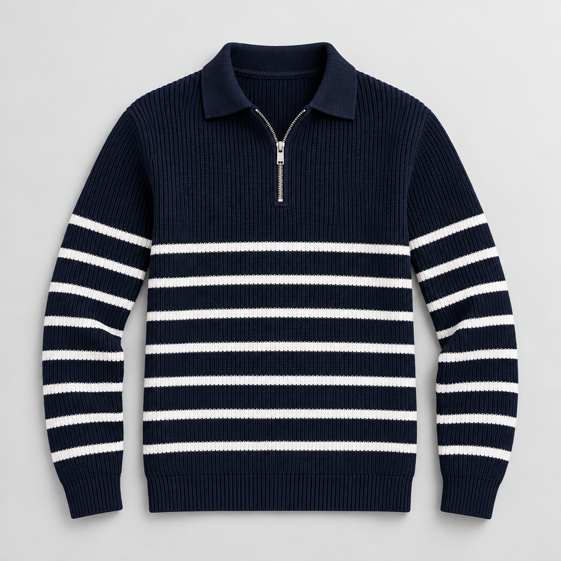 Herren Gestreifter Quarter-Zip-Pullover aus Rippstrick — Marineblau