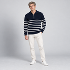 Herren Gestreifter Quarter-Zip-Pullover aus Rippstrick — Marineblau