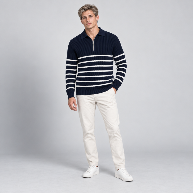 Herren Gestreifter Quarter-Zip-Pullover aus Rippstrick — Marineblau
