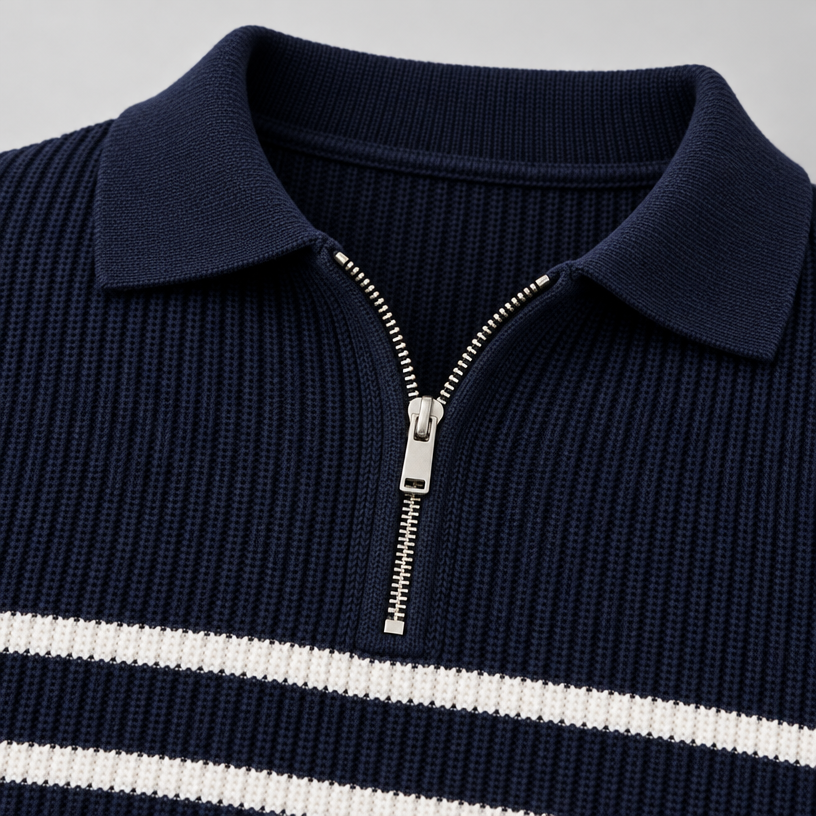 Herren Gestreifter Quarter-Zip-Pullover aus Rippstrick — Marineblau