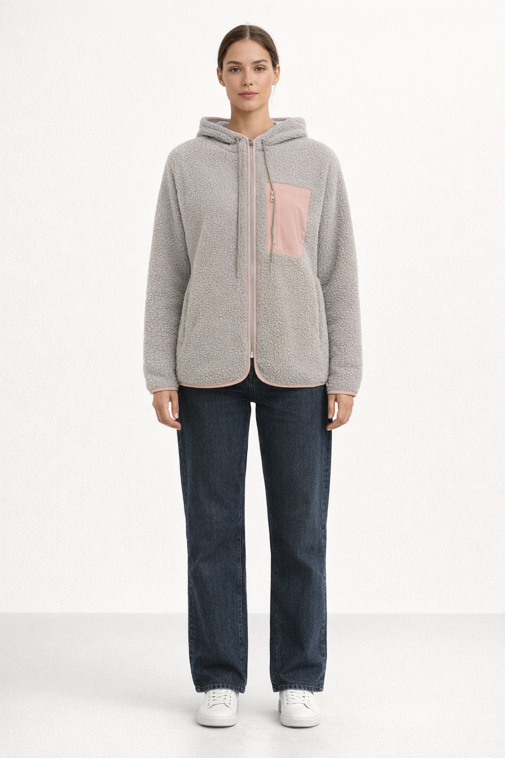 Hellgraue Woll-Teddyjacke mit Kapuze für Damen — Pink
