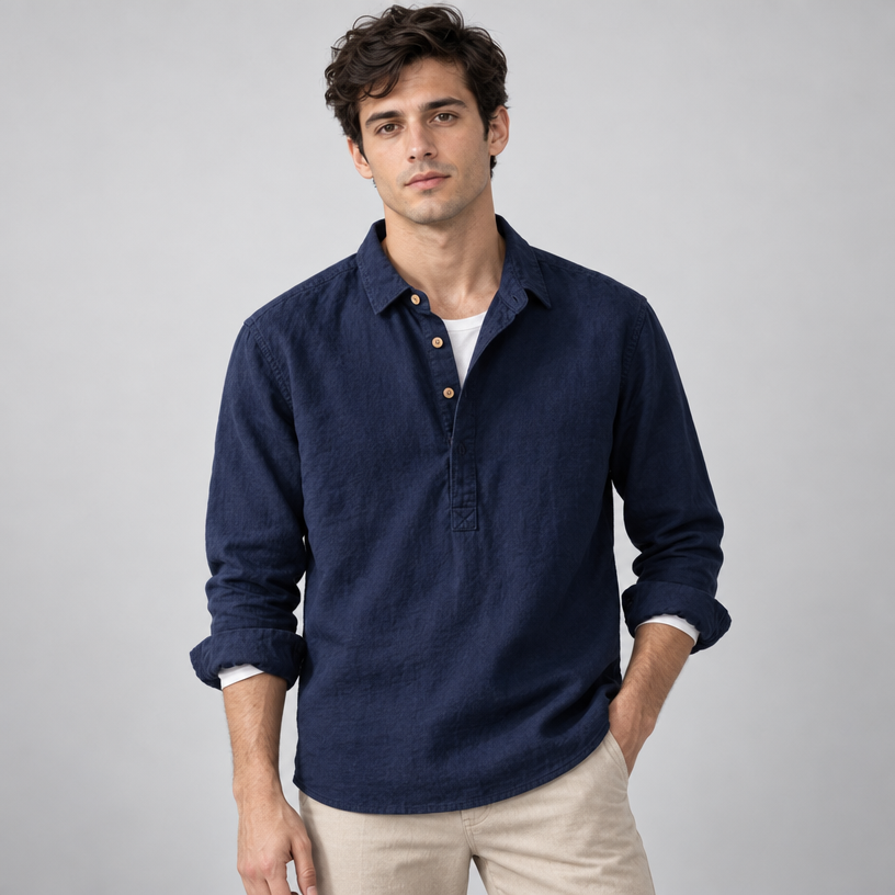 Herren Leinen Baumwoll Henley Hemd Stehkragen Relaxed Fit — Schwarz