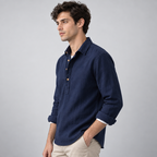 Herren Leinen Baumwoll Henley Hemd Stehkragen Relaxed Fit — Schwarz