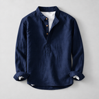 Herren Leinen Baumwoll Henley Hemd Stehkragen Relaxed Fit — Schwarz