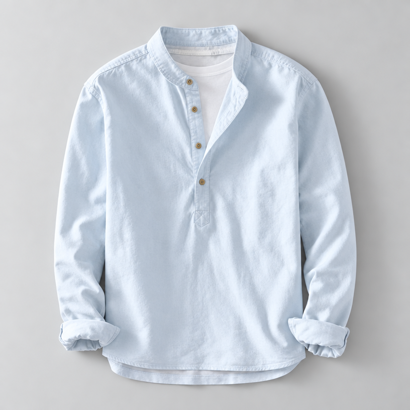 Herren Leinen Baumwoll Henley Hemd Stehkragen Relaxed Fit — Blau
