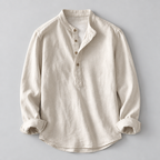 Herren Leinen Baumwoll Henley Hemd Stehkragen Relaxed Fit — Grau