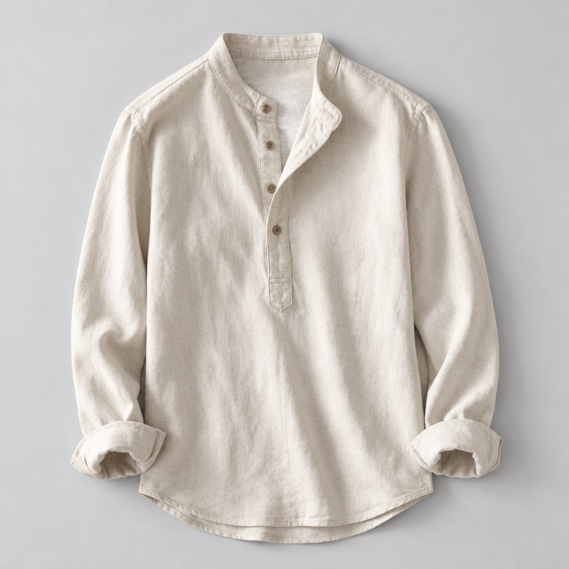 Herren Leinen Baumwoll Henley Hemd Stehkragen Relaxed Fit — Grau