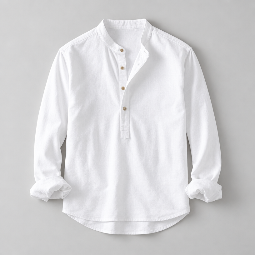 Herren Leinen Baumwoll Henley Hemd Stehkragen Relaxed Fit — Weiß