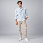Herren Leinen Baumwoll Henley Hemd Stehkragen Relaxed Fit — Blau