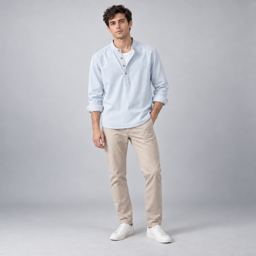 Herren Leinen Baumwoll Henley Hemd Stehkragen Relaxed Fit — Blau