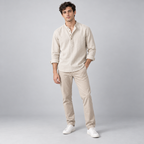 Herren Leinen Baumwoll Henley Hemd Stehkragen Relaxed Fit — Grau