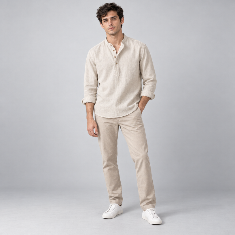 Herren Leinen Baumwoll Henley Hemd Stehkragen Relaxed Fit — Grau