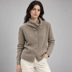 Damen Strickjacke Wolle Kurz Stehkragen Knopfleiste — Camel