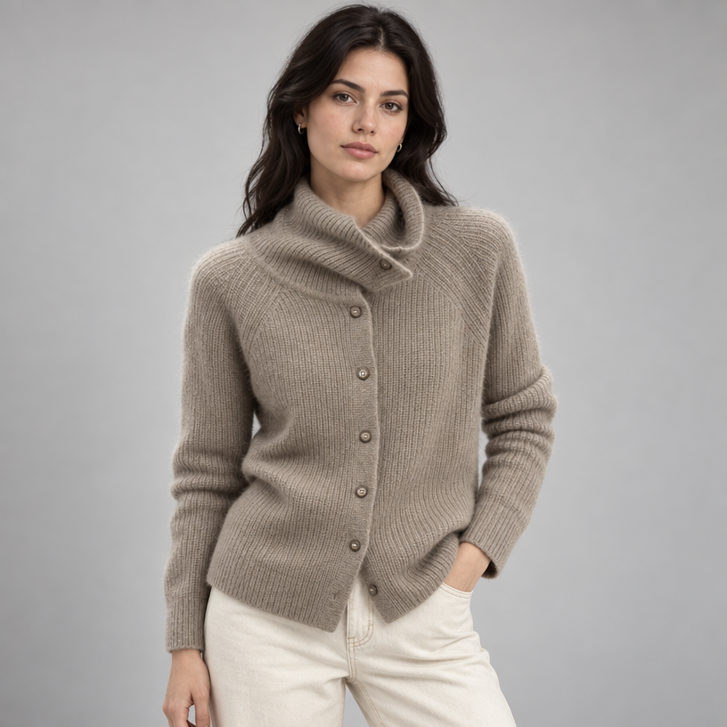 Damen Strickjacke Wolle Kurz Stehkragen Knopfleiste — Camel