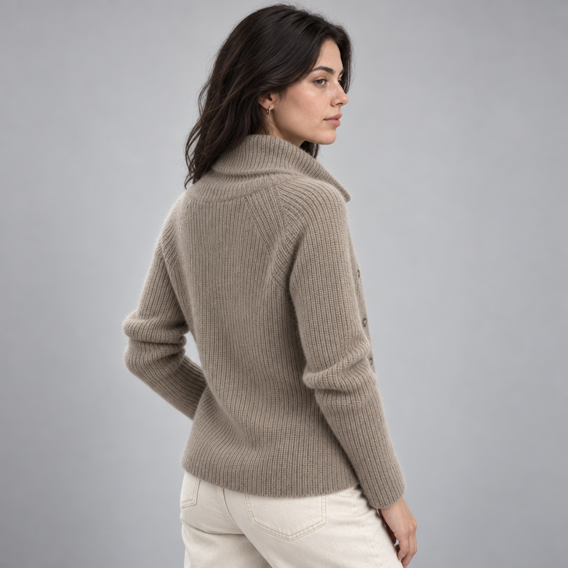 Damen Strickjacke Wolle Kurz Stehkragen Knopfleiste — Camel