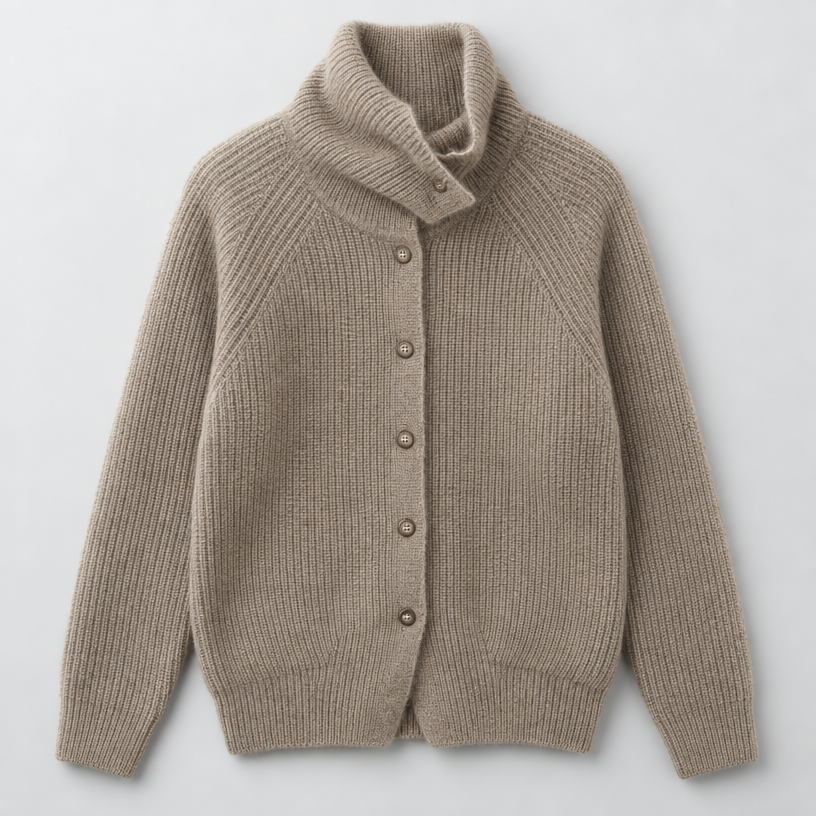 Damen Strickjacke Wolle Kurz Stehkragen Knopfleiste — Camel