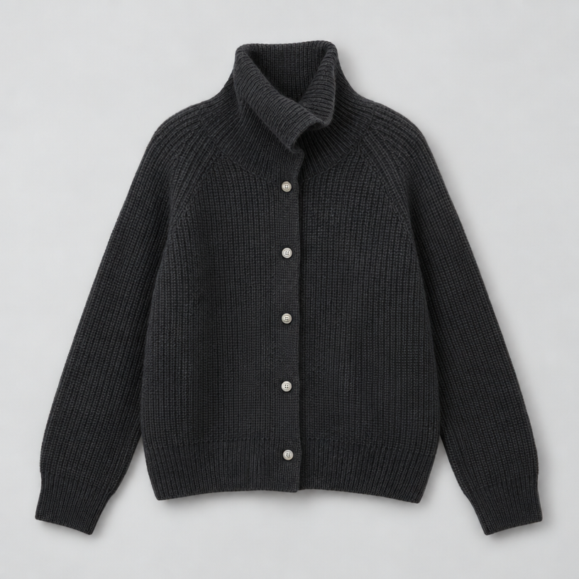 Damen Strickjacke Wolle Kurz Stehkragen Knopfleiste — Schwarz