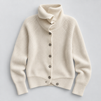 Damen Strickjacke Wolle Kurz Stehkragen Knopfleiste — Weiß
