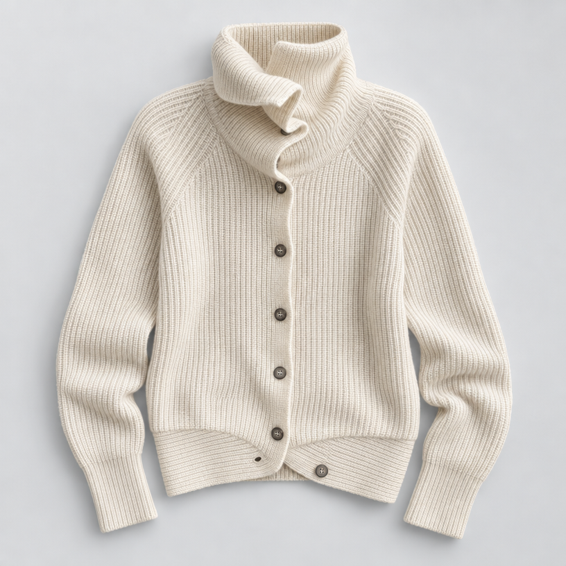 Damen Strickjacke Wolle Kurz Stehkragen Knopfleiste — Weiß